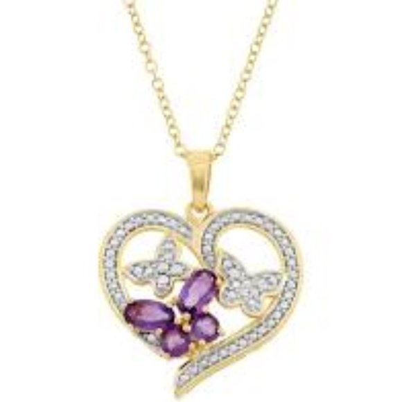 gold diamond accent amethyst butterfly heart  necklace $125 nwb - Picture 1 of 4